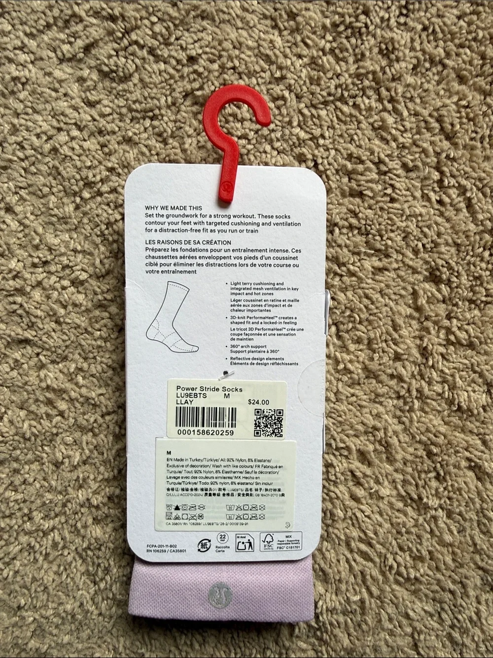 lululemon athletica lavender Power Stride Socks with Red Graphic Tote Bag